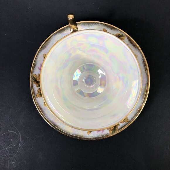 VTG November Chrysanthemum Footed Teacup Saucer Pink Floral Iridescent Cottage - Picture 7 of 14